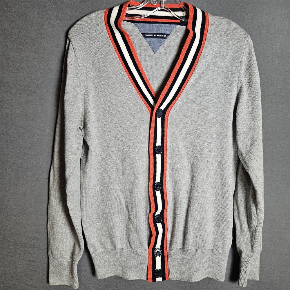 Tommy Hilfiger Cardigan Unisex S Grey Varsity Stripe Button Front Sweater
